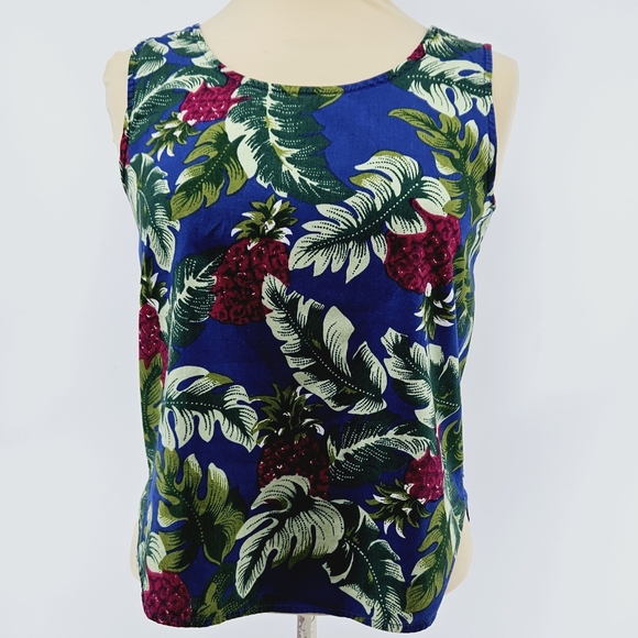 Hilo Hattie Hawaiian Pineapple Tropical Leaf Tank Top Blue Small - Picture 2 of 8